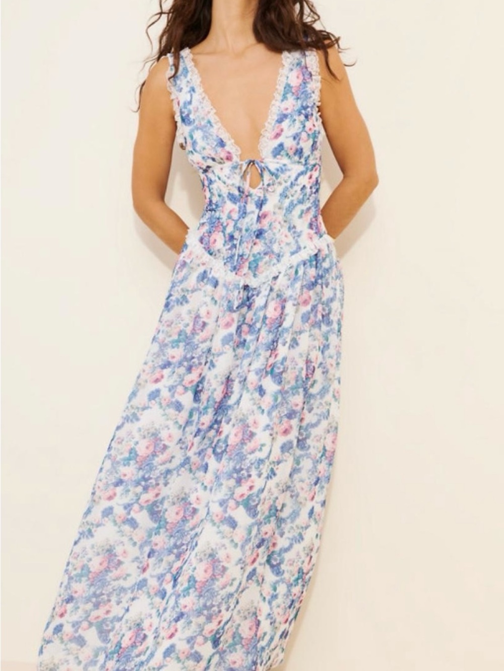 For Love and Lemons Audrey Floral Lace-Trim Maxi Dress in Blue & Pink